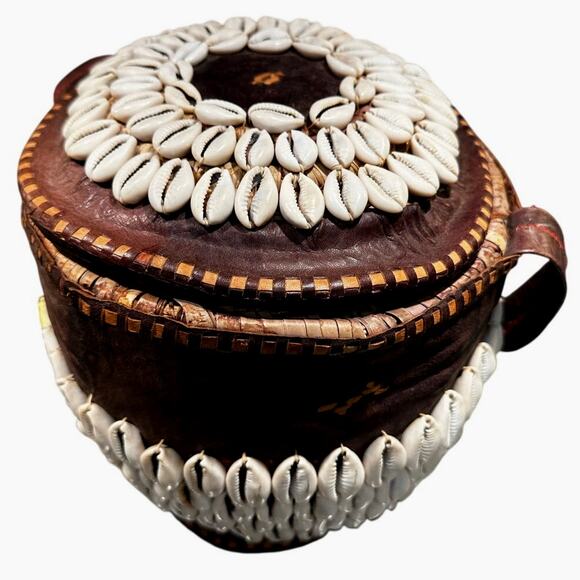 Antique African Tribal Art Hausa Cowrie Shell Hand Basket 8" Leather Handle Trim - Picture 2 of 12